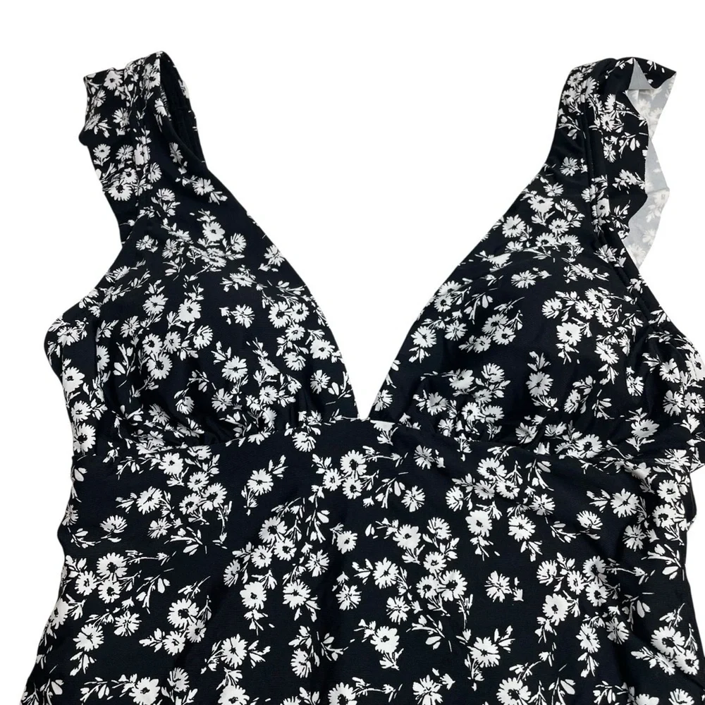 DKNY Ruffle Neck One-Piece Swimsuit Black White Floral Size 4 New - Picture 3 of 7